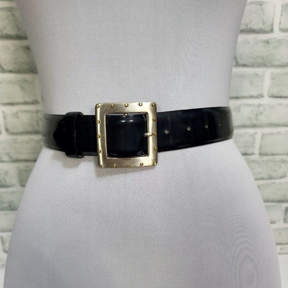 Vintage 80s 90s Linea Pelle Smooth Dark Blue Leather Belt Studded Buckle - Picture 2 of 10